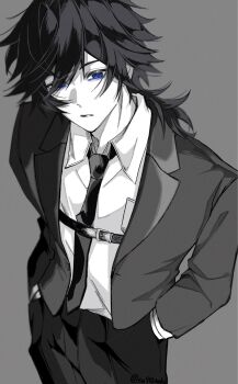 alternate_costume blue_eyes collared_shirt cowboy_shot grey_background greyscale hair_between_eyes half-closed_eyes hands_in_pockets haori highres japanese_clothes kimetsu_no_yaiba looking_at_viewer low_ponytail male_focus monochrome necktie parted_lips partially_colored ponytail red_haori shirt simple_background spiked_hair su910noko teeth tomioka_giyuu twitter_username