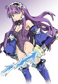 1girl absurdres armor armpits bare_shoulders blue_sleeves blue_thighhighs blunt_bangs breasts cleavage cleavage_cutout clothing_cutout commentary covered_navel cross_pendant dark_eclair detached_sleeves earrings eclair_(la_pucelle) elbow_pads electricity electrokinesis energy_sword english_commentary feet_out_of_frame frilled_headwear frown full_body highleg highleg_leotard highres jewelry la_pucelle leotard long_hair looking_at_viewer medium_breasts pearl_earrings purple_eyes purple_hair raised_eyebrow ribbed_leotard solo sphere_earrings spiked_elbow_pads spiked_knuckles sword thighhighs weapon wide_sleeves woogleboy