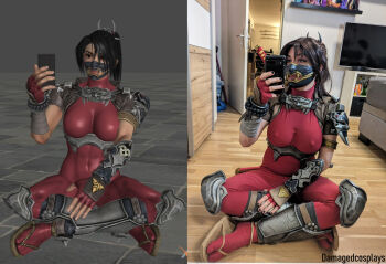 1girl 3d absurdres armor bodysuit breast_padding breasts brown_hair comparison cosplay covered_erect_nipples crossed_legs damagedcosplays dildo female_focus fingerless_gloves gloves hair_between_eyes highres ninja large_breasts makeup mask ninja nipples on_floor photo_(medium) ponytail real_life selfie sex_toy sitting solo soul_calibur soulcalibur soulcalibur_vi sword taki_(soulcalibur) weapon