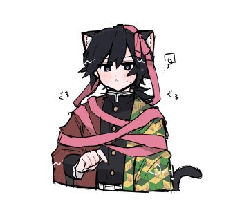 Rule 34 | 1boy, animal ears, belt, black hair, black jacket, blue eyes, buttons, cat boy, cat ears, cat tail, demon slayer uniform, g nyan t, gold buttons, hand up, haori, high collar, highres, jacket, japanese clothes, kikkoumon, kimetsu no yaiba, long hair, low ponytail, male focus, pink ribbon, ponytail, print haori, red haori, ribbon, simple background, solo, spiked hair, tail, tomioka giyuu, upper body, white background, white belt