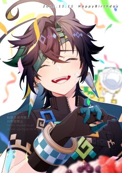 1boy absurdres ahoge ajaw_(genshin_impact) arm_up black_gloves bracelet closed_eyes collared_shirt commentary_request crossed_bangs dated earrings english_text genshin_impact gloves hair_between_eyes happy_birthday headband highres jewelry kinich_(genshin_impact) male_focus open_mouth parted_hair piercing popped_collar shirt short_hair short_sleeves smile solo streamers teeth tongue unzipped upper_teeth_only usako_(usako1031) watermark white_background zipper