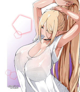 1girl arms_behind_head arms_up bra breasts elf huge_breasts large_breasts madsdross original pointy_ears see-through_clothes tying_hair underwear wide_hips