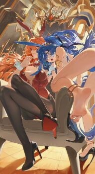 2girls absurdres animal_ears augusta_(wuthering_waves) black_pantyhose blue_eyes blue_hair blue_leotard breasts cleavage crossed_legs fake_animal_ears high_heels highres iuno_(wuthering_waves) leotard liudaohai6001 long_hair medium_breasts multiple_girls orange_hair pantyhose pink_eyes playboy_bunny rabbit_ears red_leotard sitting throne wuthering_waves