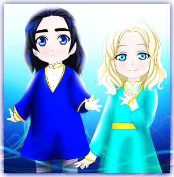 2boys androgynous aqua_eyes black_hair blonde_hair blue_eyes chibi cinemairon closed_mouth cousins elf finrod_felagund height_difference highres looking_at_viewer male_focus multiple_boys parted_lips pointy_ears robe standing teeth the_silmarillion thick_eyebrows tolkien&#039;s_legendarium turgon