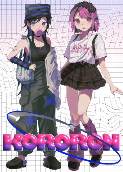 2girls absurdres arm_tattoo bag beanie black_choker black_hair black_skirt black_tank_top blowing_bubble_gum blue_eyes chewing_gum choker colored_inner_hair copyright_name e-kid_fashion frilled_hairband frills full_body hairband hat highres jewelry kororon_(song) long_hair loose_socks multicolored_hair multiple_girls neck_tattoo necklace okami-chan_(kororon) pants parted_lips pink_eyes pink_hair plaid_clothes plaid_skirt pleated_skirt shirt shoes short_hair short_sleeves shoulder_bag sider_eve skirt socks standing star_(symbol) striped_arm_warmers tank_top tattoo tora-chan_(kororon) white_shirt