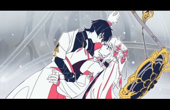 1boy 1girl aged_up arched_back arm_at_side arm_up armor bad_id bad_twitter_id black_bodysuit black_border black_bridal_gauntlets black_collar black_hat black_shirt blunt_ends bodysuit border braid breasts bridal_gauntlets closed_mouth collar cosplay covered_collarbone cross-shaped_pupils detached_sleeves dress eye_contact fingernails frilled_collar frills genshin_impact gold grey_background hair_ornament half_up_half_down_braid hand_on_another's_back hat heart heart_hair_ornament hetero highres holding_another's_wrist indoors japanese_armor japanese_clothes kimono kote kurokote leaning_back letterboxed limited_palette long_hair looking_at_another medium_breasts nahida_(genshin_impact) open_mouth pizakureya73 pointy_ears rukkhadevata_(genshin_impact) rukkhadevata_(genshin_impact)_(cosplay) scaramouche_(genshin_impact) shirt smile symbol-shaped_pupils turtleneck turtleneck_bodysuit undershirt unworn_hat unworn_headwear wanderer_(genshin_impact) white_dress white_kimono white_sleeves wispy_bangs yellow_eyes yellow_rope