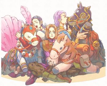 3boys beard black_boots black_hair black_pants black_shirt blue_eyes blue_jacket boots breasts brown_hair chinese_zodiac closed_eyes dragon_quest dragon_quest_xi facial_hair full_body greig_(dq11) hair_slicked_back hero_(dq11) jacket male_focus medium_breasts multiple_boys open_mouth pants parted_bangs purple_hair purple_tunic red_shirt shirt short_hair sideburns sitting smile stuffed_animal stuffed_horse stuffed_toy sun_lett_zatta sylvia_(dq11) tunic white_background year_of_the_horse