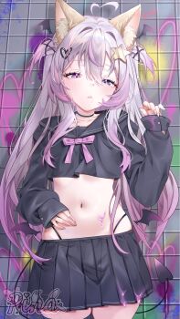 1girl ahoge animal_ears annytf black_choker black_sailor_collar black_serafuku black_skirt black_tail blush bow bowtie choker commentary cowboy_shot cropped_shirt demon_tail fox_ears fox_girl hair_between_eyes hair_ornament head_wings heart heart_hair_ornament heterochromia highres indie_virtual_youtuber long_hair long_sleeves low_wings multicolored_hair navel pinari pink_bow pink_bowtie pink_eyes pink_hair pleated_skirt purple_eyes sailor_collar school_uniform serafuku skirt solo star_(symbol) star_hair_ornament streaked_hair symbol-only_commentary tail triangle_mouth two_side_up virtual_youtuber white_hair wings