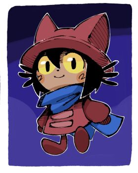 1other alternate_hair_color animal_hat black_hair blue_background blue_scarf blush border brown_coat brown_hat cat_hat chibi child closed_mouth coat commentary dot_nose english_commentary hat hatching_(texture) highres linear_hatching looking_at_viewer medium_hair niko_(oneshot) oneshot_(game) other_focus outline pr_quote scarf sleeves_past_fingers sleeves_past_wrists smile solo white_border white_outline yellow_eyes