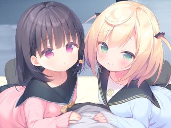 1boy 2girls bat_hair_ornament black_hair blonde_hair blue_cardigan blush braid bulge cardigan closed_mouth game_cg green_eyes hair_ornament hat hetero kazari_(mainichi_kiss_shite_lolita) large_variant_set looking_at_viewer mainichi_kiss_shite_lolita mihato_(mainichi_kiss_shite_lolita) multiple_girls non-web_source pink_cardigan pink_eyes piyodera_mucha pov sailor_collar side_braid smile two_side_up usashiro_mani variant_set