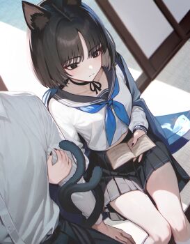1boy 1girl animal_ears black_eyes black_hair black_nails black_sailor_collar black_skirt blue_archive blue_neckerchief book cat_ears cat_tail closed_mouth fingernails haori highres japanese_clothes kikyou_(blue_archive) long_sleeves mellow_(srpp4843) multiple_tails nail_polish neckerchief open_book pleated_skirt sailor_collar school_uniform sensei_(blue_archive) serafuku short_hair sitting skirt tail two_tails