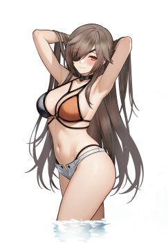 1girl alternate_costume armpits arms_behind_head arms_up art_undertaker bikini black_bikini black_choker blush breasts brown_bikini brown_hair bubble choker closed_mouth commentary cowboy_shot english_commentary eyepatch girls'_frontline girls'_frontline_2:_exilium groza_(girls'_frontline_2) highleg highleg_bikini highres long_hair looking_at_viewer micro_shorts multicolored_bikini open_fly orange_eyes ots-14_(girls'_frontline) partially_submerged shorts simple_background smile solo spoilers swimsuit two-tone_bikini white_background white_shorts