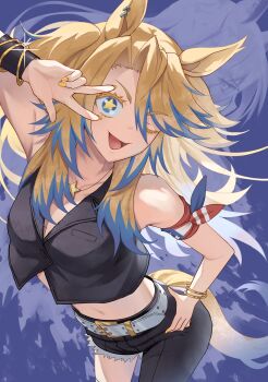 Rule 34 | 1girl, absurdres, american flag, american flag print, animal ears, asymmetrical legwear, bandana around arm, belt, black pants, blonde hair, blue eyes, blue hair, bracelet, breasts, flag print, highres, horse ears, horse girl, horse tail, jewelry, long hair, looking at viewer, medium breasts, midriff, multicolored hair, navel, necklace, obey your master (umamusume), one eye closed, open mouth, pants, shiro3necro, shirt, smile, star-shaped pupils, star (symbol), star necklace, symbol-shaped pupils, tail, two-tone hair, umamusume, umamusume: cinderella gray, uneven legwear, w, white belt, yellow nails