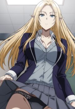 1girl alpha_(kagejitsu) black_panties blonde_hair blue_jacket breasts chalkboard cleavage elf from_below grey_skirt grey_sweater groin highres jacket kage_no_jitsuryokusha_ni_naritakute! large_breasts long_hair looking_at_viewer looking_down makiri_akira open_mouth panties pantyshot partially_unbuttoned pointy_ears school_uniform shirt skirt solo sweater underwear very_long_hair white_shirt wind wind_lift
