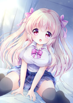 1girl :d black_thighhighs blue_skirt blush bow bowtie breasts chiika_(cure_cherish) full_body hair_bow highres large_breasts long_hair looking_at_viewer open_mouth original pink_bow pink_eyes plaid_bow plaid_clothes plaid_skirt school_uniform shirt sitting skirt smile solo thighhighs two_side_up wariza white_hair white_shirt zettai_ryouiki