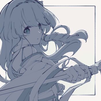 Rule 34 | 1girl, absurdres, bare shoulders, blush, border, detached sleeves, frog hair ornament, from side, gohei, greyscale, hair intakes, hair ornament, hair tubes, highres, holding, holding gohei, kochiya sanae, long hair, long sleeves, looking at viewer, monochrome, nazawa (nother), open mouth, shirt, simple background, single hair tube, single sidelock, sleeveless, sleeveless shirt, snake hair ornament, solo, touhou, upper body, white background, wide sleeves