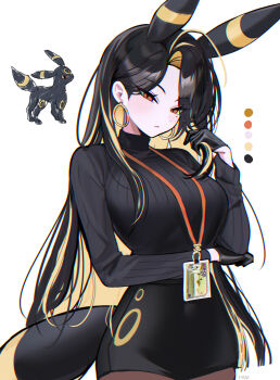 1girl absurdres ahoge animal_ears artist_name black_gloves black_hair black_skirt black_sweater blonde_hair brown_eyes closed_mouth commentary_request cowboy_shot dot_nose earrings extra_ears gen_2_pokemon gloves half-closed_eyes hand_up haze_(7h4ze) highres id_card jewelry lanyard long_sleeves looking_at_viewer miniskirt mole mole_under_eye multicolored_hair nintendo original personification pokemon pokemon_(creature) reference_inset simple_background skirt sweater tail two-tone_hair umbreon white_background