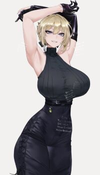 1girl armpits arms_up artist_name bare_shoulders belt belt_charm black_gloves black_pants black_shirt blonde_hair breasts charm_(object) commentary criss-cross_strings elbow_gloves english_commentary evelyn_chevalier gabriel_carrasquillo gloves hair_between_eyes half_gloves high-waist_pants highres large_breasts looking_at_viewer mole mole_under_eye pants parted_lips patreon_username purple_eyes ring_hair_ornament shirt shirt_tucked_in short_hair simple_background single_elbow_glove single_half_glove sleeveless sleeveless_shirt sleeveless_turtleneck smile solo thighs turtleneck twitch_username twitter_username white_background youtube_username zenless_zone_zero