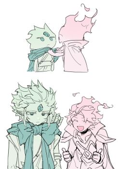 2boys :d ^_^ armor bad_id bad_twitter_id bow cape closed_eyes commentary cookie_run fiery_hair fire_spirit_cookie forehead_jewel green_theme highres humanization inactive_account jitome male_focus multiple_boys multiple_monochrome multiple_views nana_(ebitokanimiso) open_mouth painttool_sai_(medium) pointy_ears red_theme scarf short_hair sidelocks simple_background sketch smile symbol-only_commentary thumbs_up white_background wind_archer_cookie