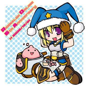 1girl anniversary bdsm blue_hat blue_shirt blush bondage boots bound brown_boots brown_gloves cake cake_slice candy character_name chibi chibi_only commentary_request copyright_name dated food full_body fur-trimmed_headwear fur_trim gloves hat jester_cap looking_at_viewer lowres open_mouth polka_dot polka_dot_background pom_pom_(clothes) poring pullcart purple_eyes ragnarok_online shirt short_hair shorts sitting sleeveless sleeveless_shirt slime_(creature) smile solo super_novice_(ragnarok_online) wariza white_shorts wrapped_candy yazawa_kazuki