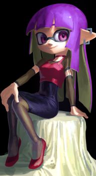 Rule 34 | 1girl, closed mouth, dbwuqldvec82805, full body, high-waist skirt, highres, inkling, inkling girl, inkling player character, long hair, nintendo, pantyhose, pink eyes, pointy ears, purple hair, red shoes, shoes, sitting, skirt, smile, solo, splatoon (series), splatoon 3, tentacle hair