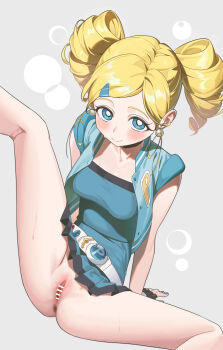 1girl absurdres airseal anus arm_support bar_censor belt black_choker blonde_hair blue_eyes blue_gloves blue_jacket blue_skirt blue_tube_top blush bottomless breasts bright_pupils censored choker closed_mouth commentary_request cropped_jacket drill_hair earrings fingerless_gloves gloves goutokuji_miyako hair_ornament hairclip highres hoop_earrings jacket jewelry leg_up long_hair looking_at_viewer medium_breasts no_panties open_clothes open_jacket pleated_skirt powerpuff_girls_z pussy rolling_bubbles sitting skirt sleeveless sleeveless_jacket smile solo spread_legs strapless sweatdrop swept_bangs thighs tube_top twin_drills white_belt white_pupils