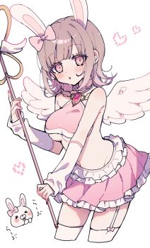 1girl arm_warmers blush bow breasts brooch brown_hair commentary cosplay cropped_legs danganronpa_(series) danganronpa_2:_goodbye_despair frilled_skirt frills garter_straps heart highres holding holding_wand jewelry medium_breasts medium_hair miniskirt nanami_chiaki nekojiri parted_lips pink_bow pink_eyes pink_skirt pink_trim simple_background skirt thighhighs translated underboob usami_(danganronpa) usami_(danganronpa)_(cosplay) wand white_arm_warmers white_background white_thighhighs white_wings wings