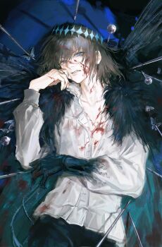 1boy absurdres angry black_hair black_skin blood blood_on_clothes blood_on_face blue_butterfly blue_eyes bug butterfly cape chinese_commentary collared_shirt colored_extremities colored_skin commentary_request crown de678997 dragonfly_wings fate/grand_order fate_(series) fur-trimmed_cape fur_trim glaring grey_hair hand_on_own_cheek hand_on_own_face highres insect insect_wings long_sleeves looking_at_viewer male_focus oberon_(fate) oberon_(third_ascension)_(fate) pin scowl shirt short_hair solo teeth white_shirt wings