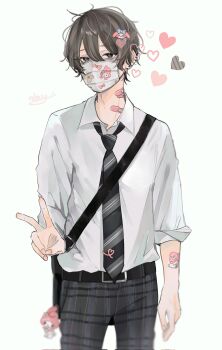 1boy a20190422 artist_name black_neckwear blouse bow_print brown_eyes brown_hair collared_shirt covered_mouth cowboy_shot ear_piercing hair_between_eyes hair_ornament heart highres looking_at_viewer mask mouth_mask my_melody original pants piercing plaid_clothes plaid_pants school_uniform shirt signature solo striped surgical_mask tatto tattoo v white_background white_shirt