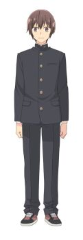 1boy arms_at_sides black_jacket black_pants black_shoes brown_eyes brown_hair closed_mouth full_body gakuran highres jacket long_sleeves looking_at_viewer maki_seiji male_focus official_art pants school_uniform second-party_source shoes short_hair simple_background smile sneakers solo standing tachi-e white_background yagate_kimi_ni_naru