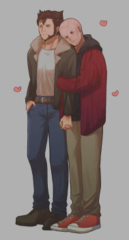 2boys :3 animification arm_hug bald belt blue_pants brown_eyes brown_hair closed_mouth commentary_request couple deadpool deadpool_&amp;_wolverine deadpool_(series) doghooouse facial_hair full_body fur-trimmed_jacket fur_trim green_eyes hand_in_pocket heart highres holding_hands hood hood_down hoodie interlocked_fingers jacket long_sleeves male_focus marvel marvel multiple_boys muscular muscular_male pants pectorals scar scars_all_over shoes short_hair sneakers standing too_many wolverine_(x-men) x-men yaoi