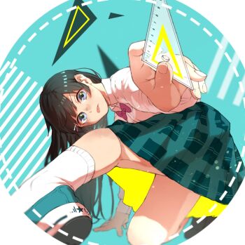 1girl :p black_hair blue_eyes bow bowtie circle collared_shirt foreshortening green_skirt hair_ornament hairclip highres holding kneehighs long_hair long_sleeves looking_at_viewer mau_sakura nijisanji on_one_knee pink_bow pink_bowtie plaid_clothes plaid_skirt pleated_skirt school_uniform set_square shirt shoes skirt sneakers socks solo tongue tongue_out triangle tsukino_mito virtual_youtuber white_shirt white_socks