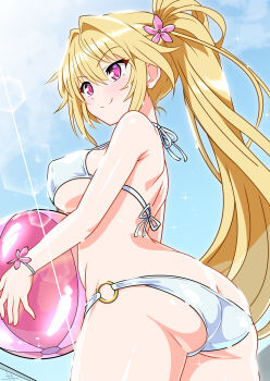 1girl ball beachball bikini blonde_hair blue_sky blush bracelet breasts commentary_request cowboy_shot flower hair_flower hair_ornament highres holding holding_ball holding_beachball jewelry large_breasts long_hair looking_to_the_side neko_totora o-ring o-ring_bikini original outdoors pink_eyes ponytail sky smile solo swimsuit underboob white_bikini