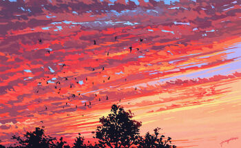 absurdres chinese_commentary cloud cloudy_sky colorful commentary_request evening fangpeii flock highres no_humans original outdoors scenery signature simple_bird sky sky_focus tree