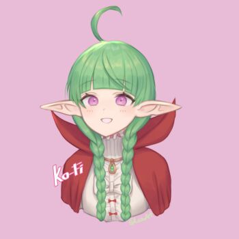 1girl ahoge blush braid cape commission fire_emblem fire_emblem_awakening green_hair high_collar ko-fi_commission lesu long_hair looking_at_viewer nah_(fire_emblem) nintendo pink_background pointy_ears purple_eyes red_cape simple_background smile solo twin_braids twitter_username