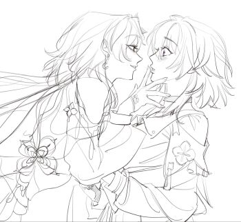 2girls commentary dingusism dual_persona earrings english_commentary evernight_(honkai:_star_rail) eye_contact gloves greyscale highres honkai:_star_rail honkai_(series) jewelry long_hair looking_at_another march_7th_(honkai:_star_rail) monochrome multiple_girls parted_lips pink_eyes selfcest shirt spot_color yuri