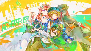 1boy 3girls :d absurdres aleph_(reverse:1999) beryl_bouanich black_cape black_hat blonde_hair blue_coat blue_eyes blue_neckerchief brown_hair brown_pants brume_(reverse:1999) cape coat copyright_name covered_face dress gloves green_cape green_eyes green_hat grey_mask grey_pants hand_up hat hat_feather highres holding holding_quill long_hair looking_at_viewer lying merlin_(reverse:1999) multiple_girls neckerchief newsboy_cap on_stomach open_mouth pants qiepupu quill recoleta_(reverse:1999) red_gloves red_hair reverse:1999 shirt short_hair sitting smile sparkle white_dress white_shirt yellow_eyes