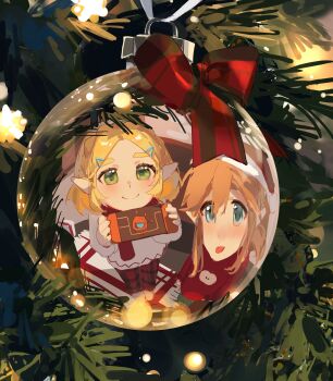 1boy 1girl blonde_hair blue_eyes bow braid christmas_ornaments christmas_tree closed_mouth commentary crown_braid green_eyes hat highres light_blush link nintendo pants parted_bangs plaid_clothes plaid_pants pointy_ears princess_zelda red_bow red_sweater santa_hat sidelocks smile sweater the_legend_of_zelda the_legend_of_zelda:_breath_of_the_wild thick_eyebrows tongue tongue_out white_sweater yumiyumo3o