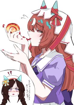 !? 2girls :o absurdres animal_ears blush bow bowtie braid braided_twintails brown_hair commentary_request highres hokko_tarumae_(umamusume) horse_ears horse_girl javelinlin1108 licking multicolored_hair multiple_girls open_mouth pink_eyes raised_inner_eyebrows red_eyes red_hair school_uniform short_sleeves star_(symbol) still_in_love_(umamusume) tongue tongue_out tracen_school_uniform translation_request umamusume v-shaped_eyebrows