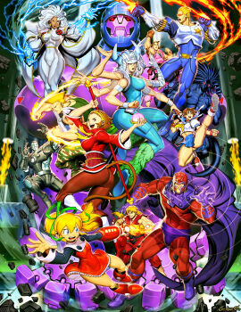 5girls 6+boys 6+girls :d android arm_cannon armor ass aura battle beard belt black_hair blackheart_(marvel) blonde_hair blue_eyes blue_sailor_collar bodysuit boots boxing_gloves breasts brown_hair cape captain_commando_(character) chinese_clothes clenched_hand clenched_hands colored_skin company_connection crossover dark-skinned_female dark_skin dougi dress earrings electricity energy_ball facial_hair fighting fighting_stance fingerless_gloves fire floating flying_kick food genzoman gloves green_ribbon grey_hair grin guile hair_ribbon hairband headband helmet hibiki_dan high_kick highres holding horns jewelry kasugano_sakura ken_masters kicking knee_boots large_breasts long_hair looking_at_viewer magneto marvel marvel_vs._capcom marvel_vs._capcom_2 mask medium_breasts mega_man_(series) monkey multiple_boys multiple_crossover multiple_girls muscular mustache open_mouth panties pantyhose ponytail punching pyrokinesis red_dress red_eyes red_sailor_collar ribbon robot roll_(mega_man) sailor_collar school_uniform sentinel_(x-men) serafuku shoes short_hair skirt smile sonson spandex spiked_hair spiral_(marvel) staff standing star_(symbol) storm_(x-men) street_fighter sword tail tank_top teeth tonfa underwear war_machine weapon western_comics_(style) white_hair wings
