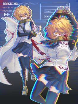 1girl arms_up black_necktie black_skirt black_thighhighs blood breasts cape chain collar commentary cuffs cuffs-to-collar don_quixote_(project_moon) english_text expressionless glitch hair_between_eyes highres index_(identity)_(project_moon) limbus_company long_sleeves looking_at_viewer metal_collar multiple_views necktie pleated_skirt project_moon shoes skirt symbol-only_commentary thighhighs tt59986 white_cape yellow_shoes