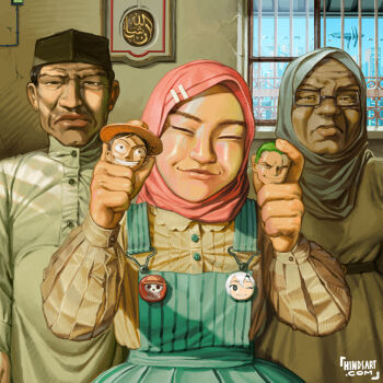 Rule 34 | 1boy, 2girls, barred window, blue sky, closed eyes, father and daughter, genshin impact, glasses, hijab, hindsart, indoors, looking at viewer, monkey d. luffy, mother and daughter, multiple girls, one piece, paimon (genshin impact), roronoa zoro, sky, straight-on, window