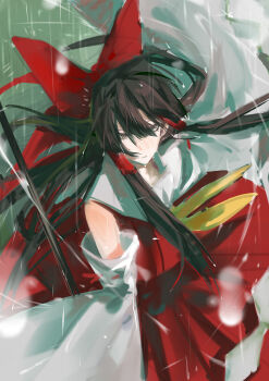 1girl absurdres babaiwan_fengchui bow brown_eyes brown_hair closed_mouth commentary_request detached_sleeves hair_bow hair_tubes hakurei_reimu highres long_hair looking_at_viewer rain red_bow red_skirt skirt skirt_set solo touhou