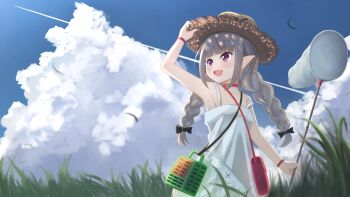 1girl bag bare_shoulders belt_collar black_bow black_ribbon blunt_bangs blurry blurry_foreground blush bow bracelet braid bug_cage butterfly_net cloud collar collarbone contrail cowboy_shot cumulonimbus_cloud dress efu_(ehutan) fangs grass grey_hair hair_ribbon hand_net hand_on_headwear handbag hat hat_bow highres holding holding_butterfly_net jewelry lace_trim long_hair looking_ahead low_twin_braids makaino_ririmu makaino_ririmu_(3rd_costume) multicolored_hair nijisanji open_mouth pointy_ears red_bag red_collar red_eyes red_streaks ribbon shoulder_bag sidelocks sky sleeveless sleeveless_dress solo standing strap_slip straw_hat streaked_hair sundress twin_braids two-tone_hair virtual_youtuber white_dress wings