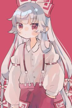 1girl :o blush bow collared_shirt expressionless fujiwara_no_mokou hair_bow hair_ribbon hand_in_pocket hiyuu_(hiyualice) long_hair long_sleeves looking_at_viewer pants red_background red_eyes red_pants ribbon shirt solo touhou very_long_hair white_hair white_shirt