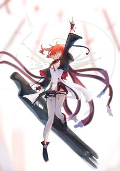 angel_wings arknights black_boots black_gloves black_jacket boots exusiai_(arknights) exusiai_the_new_covenant_(arknights) fingerless_gloves gloves haki_penguin halo highres jacket official_alternate_costume official_alternate_hair_length official_alternate_hairstyle red_hair shirt thighhighs thighs white_shirt white_thighhighs wings yellow_eyes