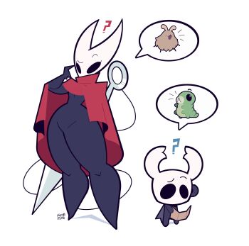 1girl 1other 2025 absurdres arthropod_girl artist_name black_eyes black_skin cloak colored_skin commentary confused curvy english_commentary flea_(hollow_knight) goodbyellow grub_(hollow_knight) highres holding holding_map hollow_eyes hollow_knight hollow_knight:_silksong horned_mask image_in_speech_bubble legs_apart map mask needle_(hollow_knight) red_cloak simple_background size_difference standing thick_thighs thighs thread toon_(style) weapon weapon_on_back white_background white_mask wide_hips