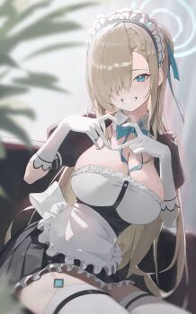 1girl absurdres apron asuna_(blue_archive) black_dress blonde_hair blue_archive blue_bow blue_bowtie blue_eyes blue_halo blue_ribbon blush bow bowtie breasts cleavage commentary detached_collar dress elbow_gloves garter_straps gloves grin hair_bun hair_over_one_eye halo heart heart_hands highres huge_breasts ki-16 long_hair looking_at_viewer maid maid_apron maid_headdress mole mole_on_breast puffy_short_sleeves puffy_sleeves ribbon short_sleeves smile solo thighhighs white_garter_straps white_gloves white_thighhighs