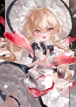 1girl absurdres adapted_costume apron back_bow black_bow black_bowtie black_dress black_hat blonde_hair blush bow bowtie braid brooch commentary cowboy_shot dress dropping english_commentary fang frilled_apron frills grey_background hat heart heart-shaped_bottle heart-shaped_pupils highres jewelry kirisame_marisa long_hair love_potion nervous open_mouth outstretched_hand pillarboxed potion short_sleeves side_braid skin_fang solo spilling sweat symbol-shaped_pupils thigh_strap touhou wavy_hair white_apron witch_hat yellow_eyes yukia_(yukia_777)