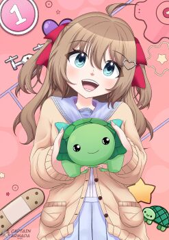 1boy 1girl absurdres ahoge animal blue_eyes blue_sailor_collar blue_skirt brown_hair captainarmada cardigan closed_mouth commentary english_commentary hair_ornament hair_ribbon heart heart_hair_ornament highres holding holding_animal long_hair long_sleeves neuro-sama open_mouth pleated_skirt red_ribbon ribbon sailor_collar shirt shirt_tucked_in skirt smile turtle two_side_up upper_body vedal987 vedal_ai virtual_youtuber white_shirt yellow_cardigan